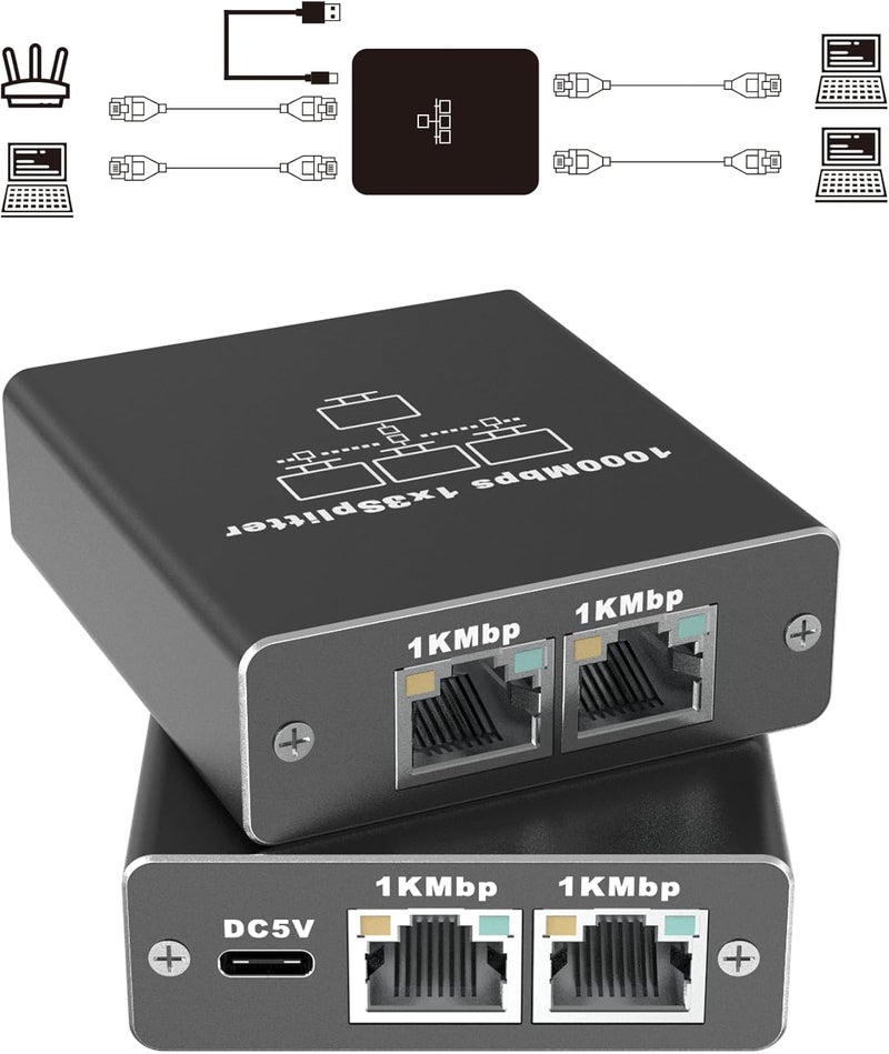 FSKY موزع إيثرنت جيجابت 1 إلى 3، موزع LAN من الألمنيوم 1000 ميجابت في الثانية RJ45 مع كابل طاقة USB-C لكابلات Cat5/5e/6/7/8 - Image 1